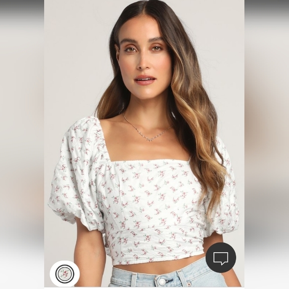 Lulus Floral Puff Sleeve Tie-Back Crop Top Ivory XL - Picture 1 of 4